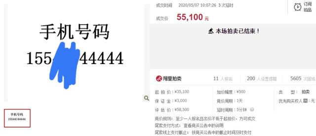 拍卖成功!河南省 郑州市一个155联通手机尾号为44444的使用权,你会买吗?