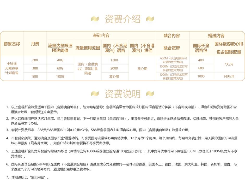 移动全球通无限尊享计划套餐,分为两档!