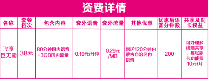 赤峰38元飞享巨无霸套餐资费
