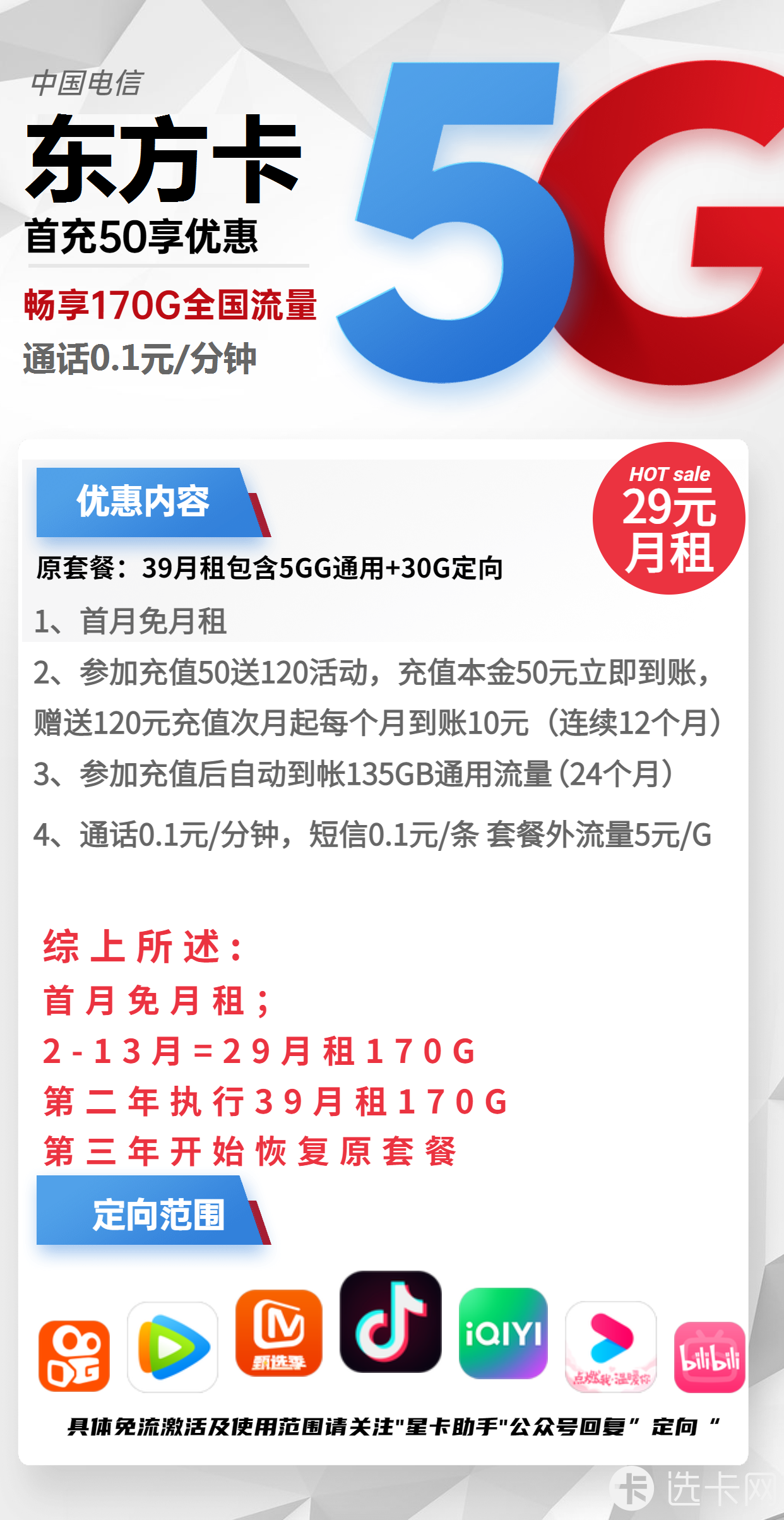 电信东方卡29元月包140G通用流量+30G定向流量+通话0.1元/分钟